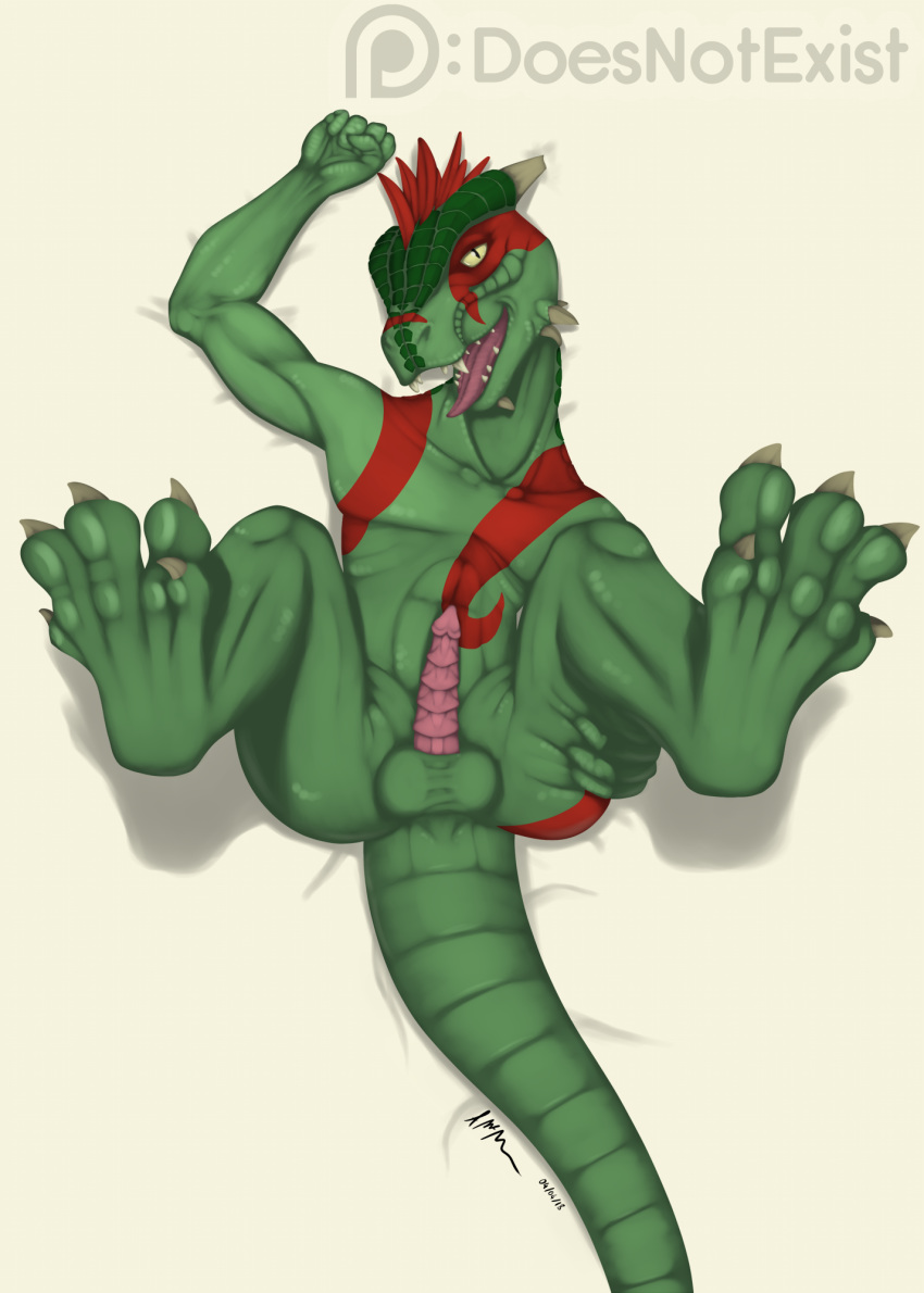 2018 anthro argonian ass balls digital_media_(artwork) erection feathers green_scales hi_res horn legs_up looking_at_viewer male male_only nude penis pink_penis presenting red_feathers scales scalie shows-his-scales slit_pupils solo tattoo the_elder_scrolls theandymac tongue unusual_penis video_games yellow_eyes