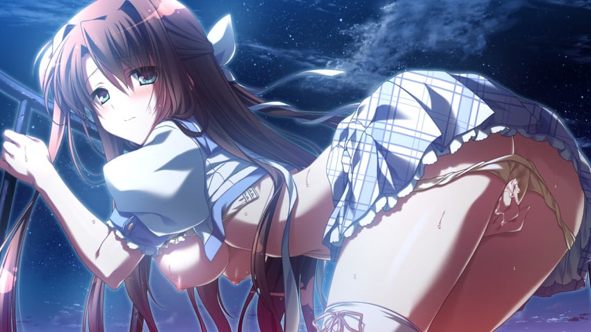 aqua_eyes arched_back areolae bent_over blush breasts brown_hair female fingering game_cg glowing hand_between_legs long_hair masturbation natsuzora_no_perseus night nipples open_clothes outdoors panties sawatari_tohka short_sleeves shouna_mitsuishi skirt sky solo star_(sky) starry_sky sweat takasaki_mako thighhighs underwear white_legwear yellow_panties