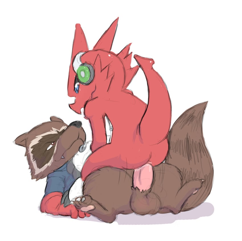 2boys anal anal_sex balls blue_eyes bottomless brown_fur crossover digimon duo erection fur gay guardians_of_the_galaxy headphones male male_only mammal marvel penetration penis raccoon red_scales redemption3445 rocket_raccoon scalie sex shoutmon yaoi