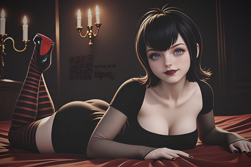 black_dress black_hair black_high_heels blue_eyes candlelight cleavage curvy dark_room erotic gold_candelabra hotel_transylvania justfallenofficial long_sleeves low_cut_dress lying_on_bed mavis_dracula qr_code red_lipstick red_sheets seductive_pose sfw striped_red_black_stockings tippee_artist_signature voluptuous