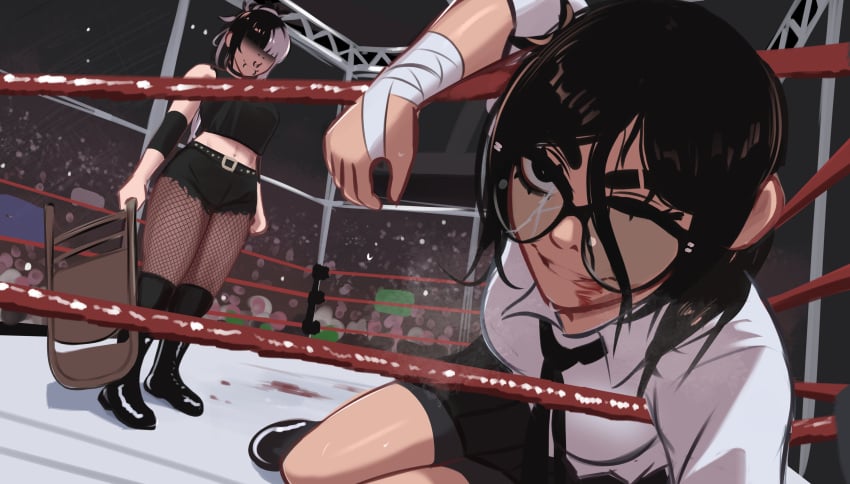 2girls absurdres bike_shorts bike_shorts_under_skirt black_eyes black_hair black_shorts blood blood_on_face blunt_bangs boots breasts broken_eyewear catfight chair crop_top crowd dress_shirt elbow_sleeve female fishnets folding_chair glasses highres holding_chair large_breasts messy_hair mika_(veyonis) multicolored_hair multiple_girls necktie nose_piercing on_floor one_eye_closed original parody piercing ponytail rosen_(veyonis) sanpaku scene_reference shirt shorts shorts_under_skirt skirt smile stadium sweat taped_hands thighs two-tone_hair veyonis wrestling wrestling_outfit wrestling_ring