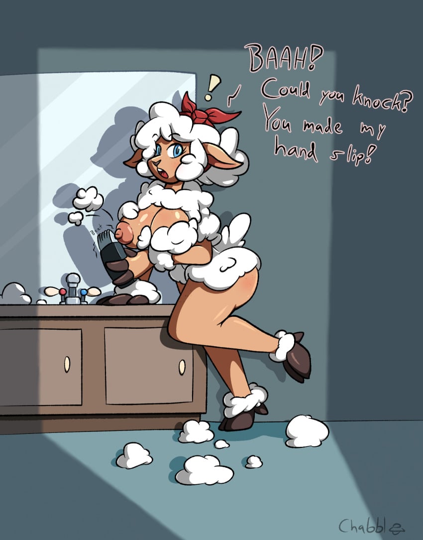 accessory anthro bleating blue_eyes bovid bow_ribbon caprine chabble dangernoodledrawings dialogue electric_razor ewe female fingers fur hair_accessory hair_ribbon hairbow hi_res hooved_fingers hooved_toes hooves inside leaning_on_table mammal one_leg_up open_mouth raised_leg razor ribbons shaving shaving_fur shearing shears sheep sheep_ears sheep_girl sheep_tail sink solo surprise tools wool_(fur)
