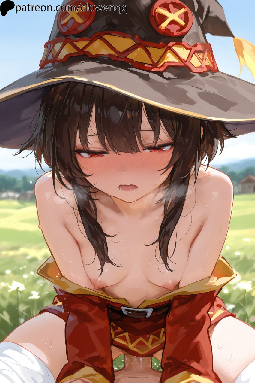 1boy1girl 1girls ai_assisted areola areolae blush blush breasts brown_hair clowenqq cowgirl_position exposed_breasts female female_focus half-closed_eyes heavy_breathing kono_subarashii_sekai_ni_shukufuku_wo! legs_apart legs_spread male/female male_penetrating male_penetrating_female megumin nipples no_bra open_mouth outdoor_sex outdoors penis pov_male red_eyes sex small_breasts spread_legs sweat sweatdrop thighs uncensored witch_hat