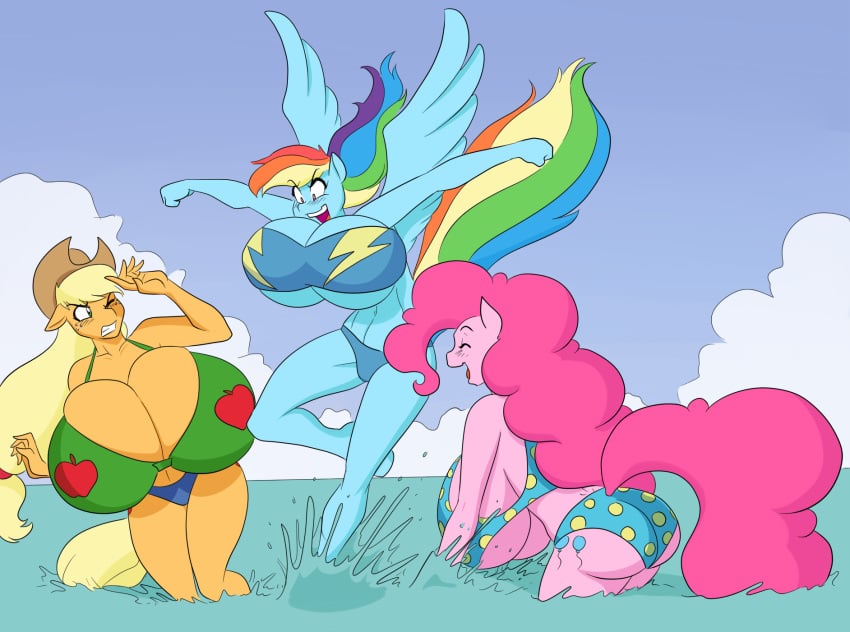 10s 2010s 2015 anthro anthrofied applejack_(mlp) ass big_breasts bikini blue_body blue_feathers blue_fur breasts cleavage clothed clothing earth_pony equid equine feathered_wings feathers female friendship_is_magic fur group hasbro hi_res horse huge_breasts hyper hyper_breasts mammal marauder6272 multicolored_hair multicolored_tail my_little_pony mythological_creature mythological_equine mythology pegasus pinkie_pie_(mlp) pony rainbow_dash_(mlp) rainbow_hair rainbow_tail swimwear tail trio underboob wings