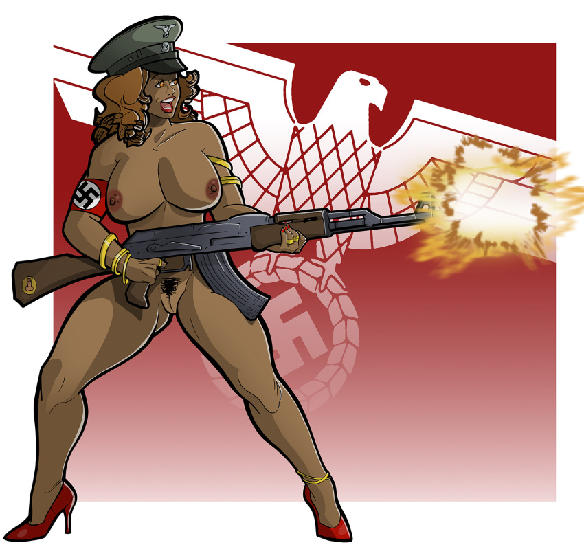 1girls ak-47 areola breasts busty cleavage cosplay german_officer high_heels history nazi nipples peaked_cap pussy swastika turria voluptuous world_war_2