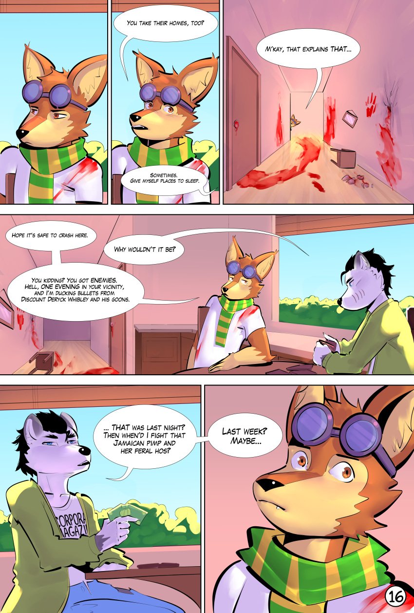 absurd_res ambiguous_species anthro baltazarf blood blood_on_clothing blood_on_ground blood_on_wall blood_splatter blood_trail bloody_hand_print blue_eyes bodily_fluids bottomwear brown_body brown_eyes brown_fur canid canine canis clothing coat comic confusion dark_matter_(li'l_melon) denim denim_bottomwear denim_clothing dialogue duo elbow_on_table english_text excessive_blood facial_scar flight_goggles fur grey_body grey_fur hand_print hi_res hole_in_wall inside jeans kitchen leaning li'l_melon looking_at_another male mammal messy mohawk money page_number pants scar scarf shirt speech_bubble stare strays_in_paradise t-shirt text text_on_clothing text_on_shirt text_on_topwear thinking topwear wallet wolf