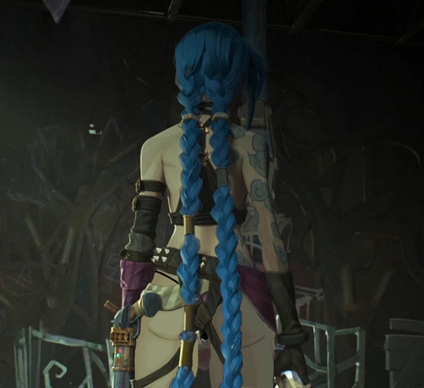 1girls arcane arcane_jinx ass ass_focus blue_hair cheeks edit edited_official_artwork female gun_holster jinx_(league_of_legends) league_of_legends netflix punk_girl riot_games sexy slutty_clothes tattoo tattoo_on_arm tattooed_arm tattoos thong