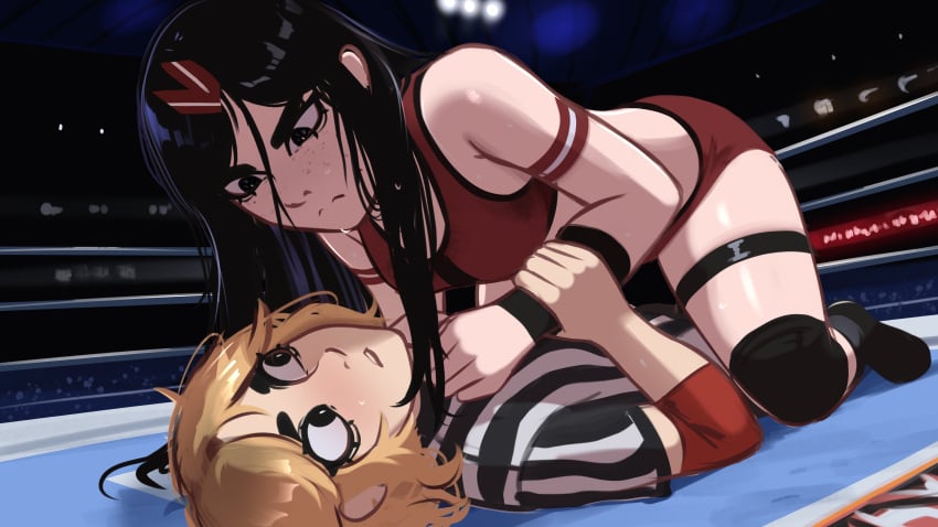 2girls absurdres annoyed black_eyes black_hair blonde_hair blush buruma catfight clothes_grab collar_grab cowgirl_position crowd elbow_sleeve eye_contact female freckles grabbing_another's_arm hair_flowing_over hair_ornament hairclip highres jessie_(veyonis) kadence_(veyonis) knee_pads long_hair looking_at_another messy_hair multiple_girls neckwear_grab nervous on_floor original parted_lips red_buruma red_sports_bra referee skindentation sports_bra stadium straddling sweat thighs veyonis wrestling wrestling_outfit wrestling_ring