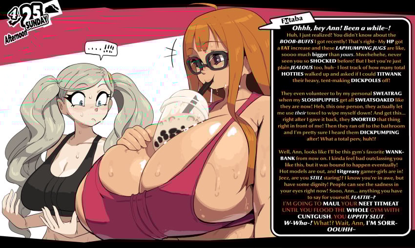 ! !! !!! !!!! 2girls ann_takamaki big_breasts blonde_hair blue_eyes boba_tea breast_awe breast_envy breast_focus breasts breasts_bigger_than_head brown_eyes caption dirty_talk english english_text enormous_breasts female huge_breasts kumaccino meme orange_hair persona persona_5 sakura_futaba sweat sweatdrop sweating tan_skin text wall_of_text