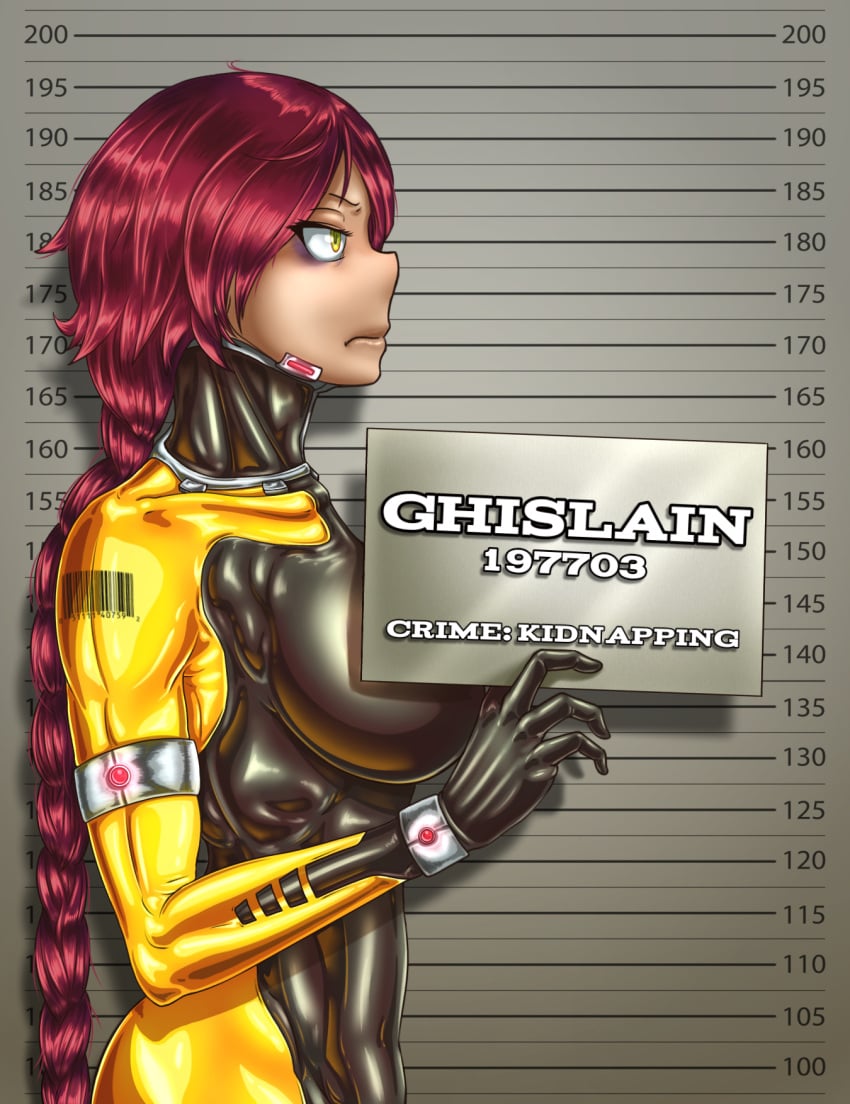 annoyed annoyed_expression arrest arrested big_breasts bodysuit braid braided_hair braided_ponytail breasts collar cuff_(restraint) cuffs ghislain_(mr.bones22) green_eyes holding_object holding_sign latex latex_bodysuit latex_skinsuit latex_suit long_hair mr.bones22 mugshot original original_character prison prison_uniform red_hair rubber rubber_clothing rubber_suit sharp_teeth skinsuit tanned tanned_female tanned_skin wrist_cuffs