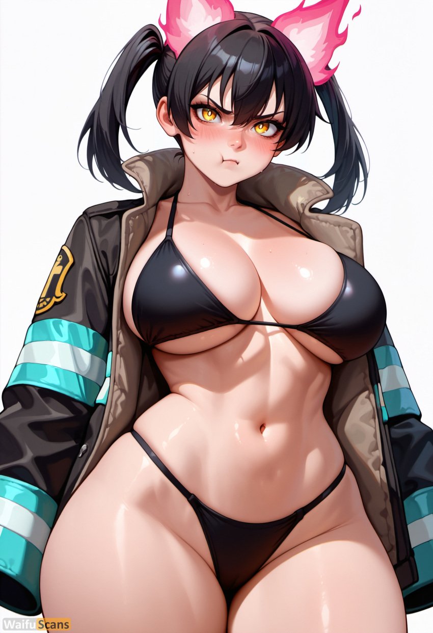 :t ai_generated animal_ears artist_name bangs bikini black_bikini black_coat black_hair blush breasts cleavage closed_mouth coat collarbone cowboy_shot enen_no_shouboutai female fire fire_force hair_between_eyes high_resolution highres jacket kotatsu_tamaki large_breasts long_sleeves looking_at_viewer navel open_clothes open_coat orange_eyes pout shiny shiny_skin simple_background skindentation solo stable_diffusion stomach swimsuit thick_thighs thighs twintails underboob waifuscans418 white_background wide_hips yellow_eyes