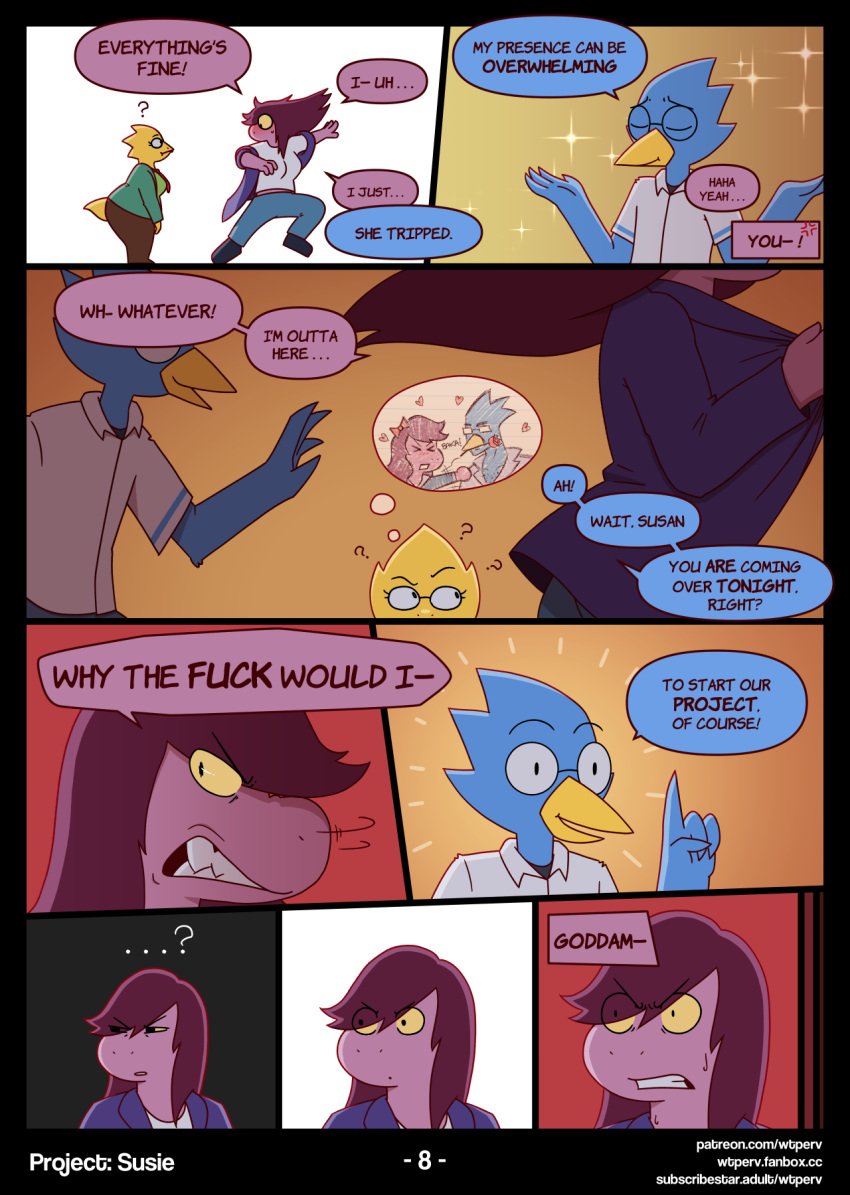 2025 alphys angry anthro beak berdly big_breasts blue_bird blue_body blue_feathers bottomwear breasts brown_bottomwear brown_clothing brown_pants clothing colored comic confusion cross-popping_vein deltarune denim denim_bottomwear denim_clothing dialogue dinosaur english_text eyewear feathers female furry glasses green_clothing green_jacket green_shirt green_t-shirt green_topwear group hair happy hi_res imagination jacket jeans long_hair male necktie pants pink_body pink_scales prehistoric_species profanity purple_clothing purple_hair purple_jacket purple_topwear question_mark realization reptile scales scalie shaded shirt sound_effects speech_bubble susie_(deltarune) t-shirt text thought_bubble time_skip topwear torn_bottomwear torn_clothing torn_jeans torn_pants undertale_(series) url white_clothing white_shirt white_t-shirt white_topwear wtperv yellow_beak yellow_body yellow_scales yellow_sclera