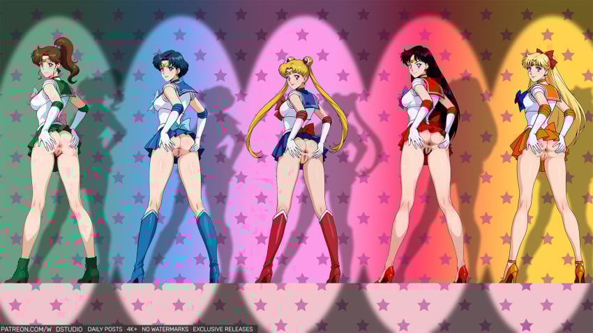 16:9_aspect_ratio 5girls ai-generated aino_minako anus ass ass_grab back_bow bare_legs black_hair blonde_hair blue_choker blue_eyes blue_footwear blue_hair blue_sailor_collar blue_skirt boots bottomless bow breasts brown_hair choker clothes_lift clothing crown double_bun earrings elbow_gloves female footwear gloves grabbing_own_ass green_choker green_eyes green_footwear green_sailor_collar green_skirt groping hair_bobbles hair_bun hair_ornament hairbow headwear high_heels high_resolution hino_rei jewelry kino_makoto knee_boots kneepits legs lineup long_hair looking_at_viewer looking_back magical_girl miniskirt mizuno_ami multiple_girls nopan orange_choker orange_sailor_collar orange_skirt pantsu pink_bow ponytail presenting red_bow red_footwear red_sailor_collar red_skirt sailor_collar sailor_jupiter sailor_mars sailor_mercury sailor_moon_(series) sailor_senshi sailor_senshi_uniform sailor_venus shoes short_hair skirt skirt_lift standing tiara tied_hair tsukino_usagi twintails underwear upskirt vagina white_gloves wodstudio