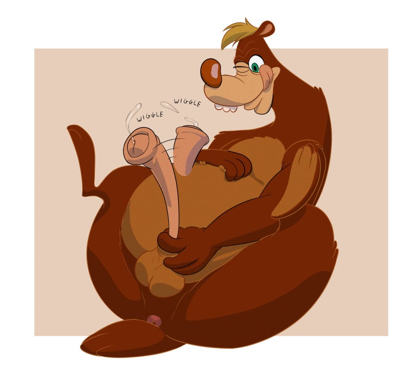 absurd_res animal_genitalia animal_penis anthro anus ass balls bear bob-jiggles bodily_fluids brown_body brown_fur brown_nose disney english_text erection focused focusing fur genital_fluids genitals green_eyes hair hand_on_belly head_tuft hi_res holding_penis humor legs_up looking_down looking_down_at_penis male mammal one_eye_closed onomatopoeia overweight overweight_anthro overweight_male penis precum presenting rounded_ears rounded_teeth short_tail silly simple_background slightly_chubby slightly_chubby_anthro slightly_chubby_male solo sound_effects spread_legs spreading tail text tongue tongue_out toon_bear tuft ursine_penis who_framed_roger_rabbit wiggling_cock