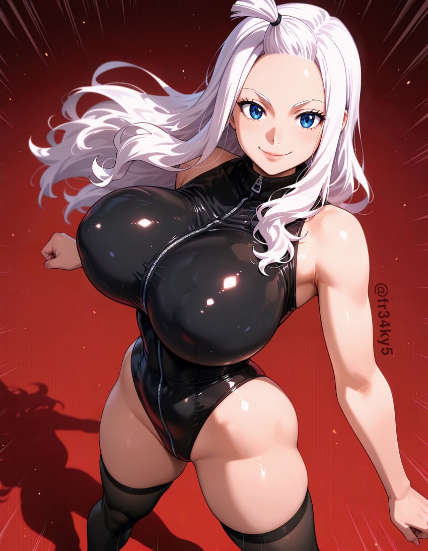 ai_generated blue_eyes fairy_tail fr34ky huge_breasts leotard mirajane_strauss skin_tight thighhighs white_hair