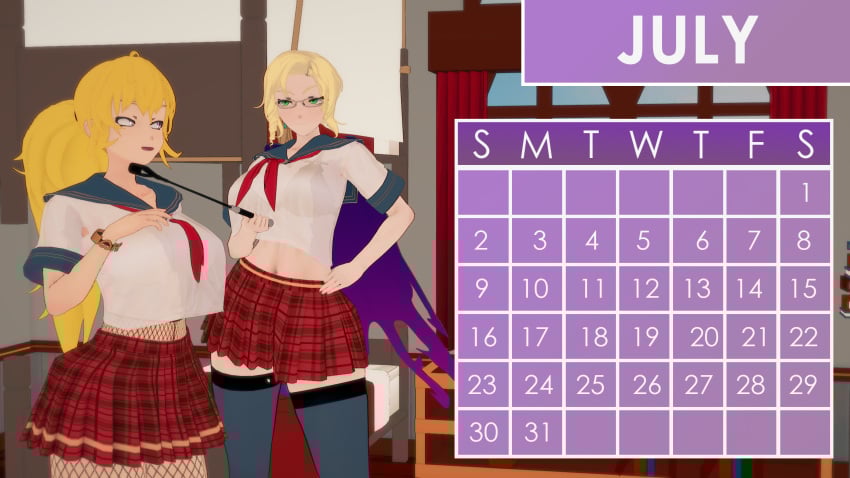 2girls calendar calendar_(medium) calendar_(object) calendar_pinup clothed_female female glasses glynda_goodwitch green_eyes indrick_[artist] july_(month) milf pinup pinup_girls pinup_pose purple_eyes rwby school_swimsuit school_uniform teacher_and_student yang_xiao_long