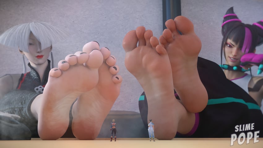 4girls a.k.i. asian asian_female barefoot big_feet cammy_white chinese chinese_female chun-li feet female giantess juri_han macro painted_toenails size_comparison size_difference slimepope soles steamy_feet street_fighter street_fighter_6 yuri