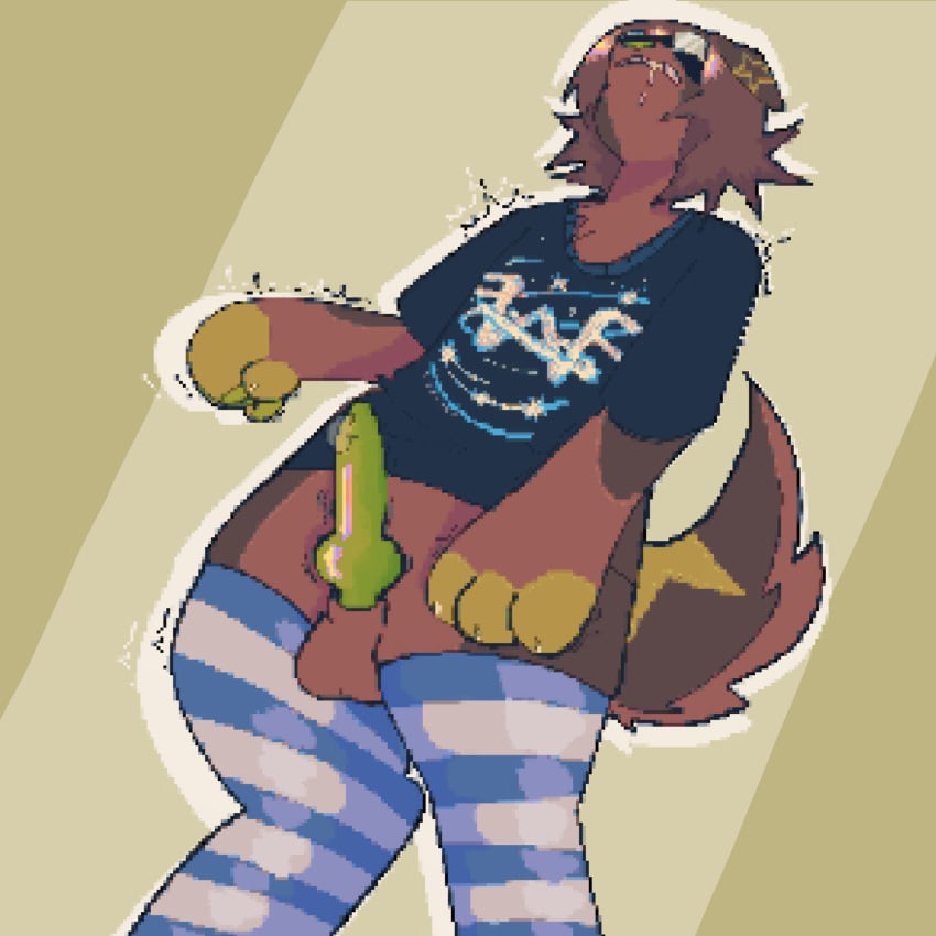 1boy anthro brown_fur canine drool drooling floppy_ears furry gay glasses green_nose green_pawpads knot male male_only nerd not_touching_penis striped_thighhighs thighhighs tshirt twitching