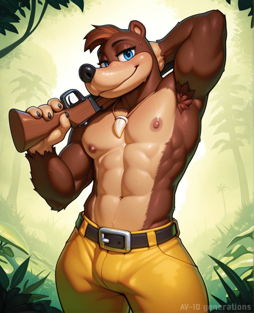 ai_generated anthro armpit_hair av-10 banjo-kazooie banjo_(banjo-kazooie) bedroom_eyes blue_eyes bodily_fluids body_hair gun hi_res jungle looking_at_viewer male mammal muscular narrowed_eyes nipples outside pants_only ranged_weapon rifle seductive solo standing sweat ursid weapon