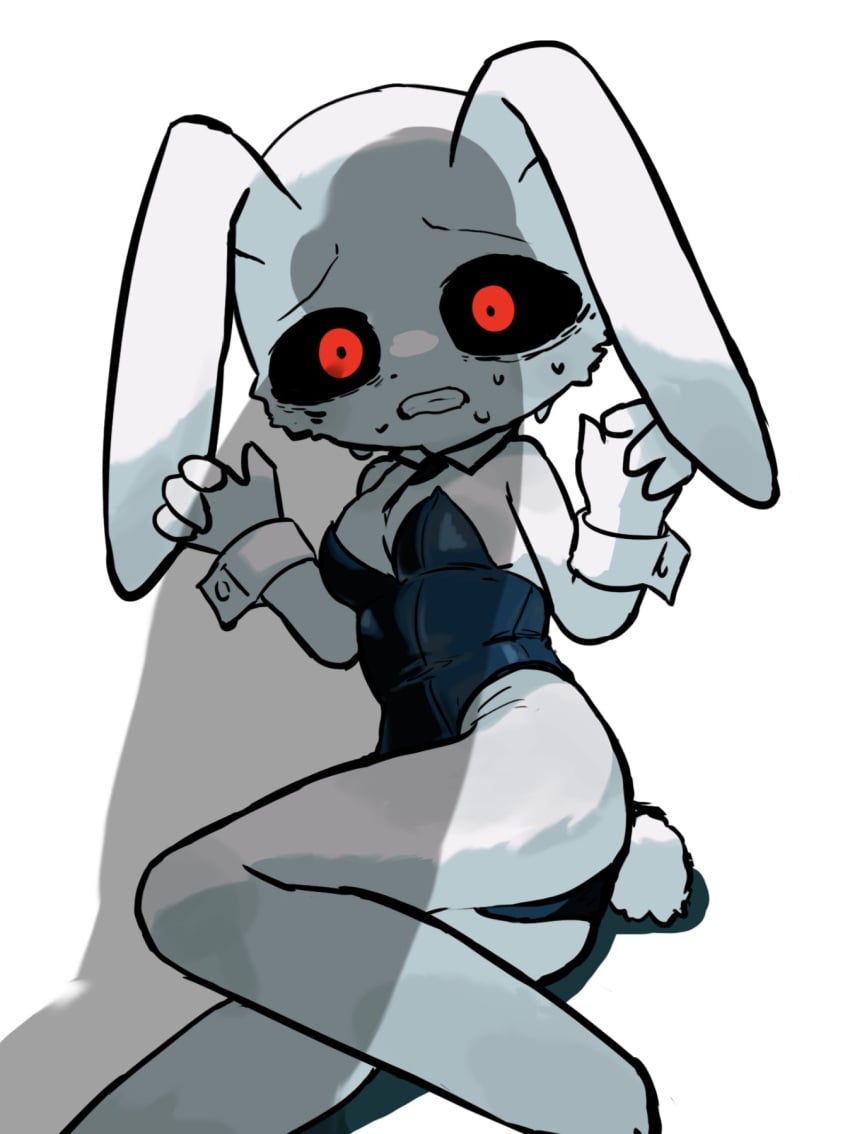 1girls animal_ears ass black_leotard black_sclera clenched_teeth colored_sclera dongbing95 female furry furry_female hands_up highres leotard original penis_shadow rabbit_ears rabbit_girl rabbit_tail red_eyes sweat tail teeth wrist_cuffs