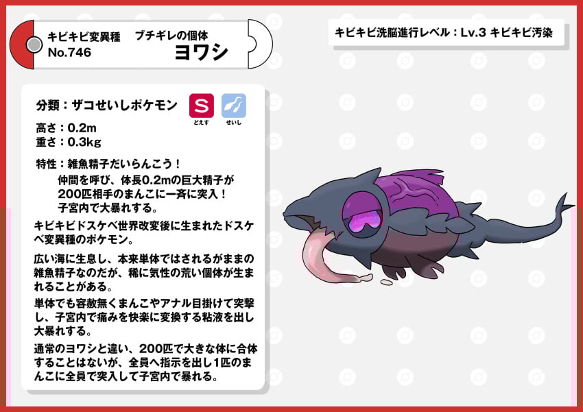 absurd_res ambiguous_gender black_body border cum_creature generation_7_pokemon hi_res japanese_text nikunigushii nintendo open_mouth pokedex pokedex_entry pokedex_number pokemon pokemon_(species) purple_eyes red_border simple_background solo sperm_cell text tongue tongue_out translation_request vein white_background wishiwashi wishiwashi_(solo_form)