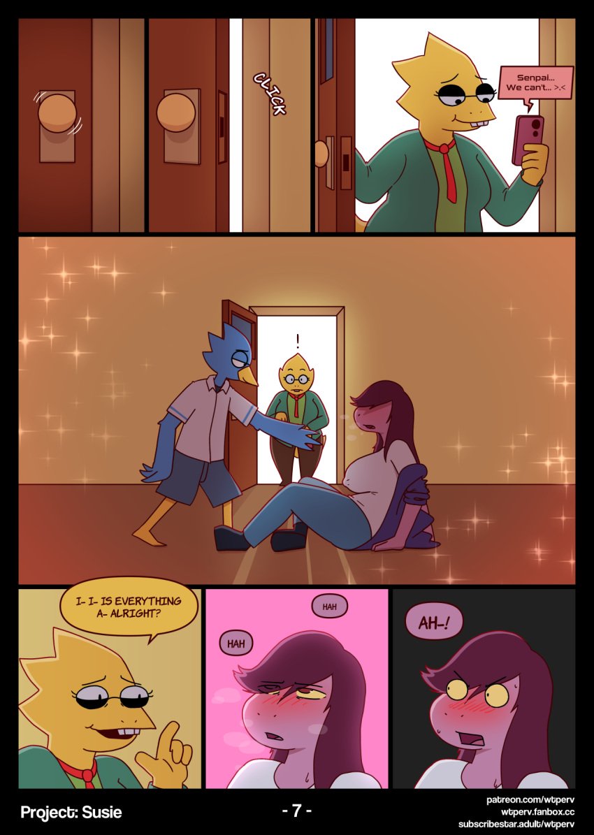 2025 alphys anthro beak berdly big_breasts black_bottomwear black_clothing black_shorts blue_bird blue_body blue_feathers blush bottomwear breasts brown_bottomwear brown_clothing brown_pants clothing colored comic deltarune denim denim_bottomwear denim_clothing dialogue dinosaur door electronics english_text exposed_shoulder eyewear feathers female furry glasses green_clothing green_jacket green_shirt green_t-shirt green_topwear group hair hi_res jacket jacket_on_shoulders jeans long_hair looking_at_object looking_at_phone looking_pleasured male necktie nipple_outline offering_hand pants phone pink_body pink_scales prehistoric_species purple_clothing purple_hair purple_jacket purple_topwear reptile scales scalie shaded shirt shorts sitting sitting_on_ground sound_effects speech_bubble standing surprised_expression susie_(deltarune) t-shirt text topwear torn_bottomwear torn_clothing torn_jeans torn_pants undertale_(series) url white_clothing white_shirt white_t-shirt white_topwear wtperv yellow_beak yellow_body yellow_scales yellow_sclera