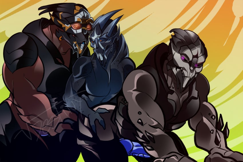 3_fingers alien bioware electronic_arts erection fingers gay_male genitals group group_sex knot knotted_penis leaning leaning_forward male male/male male_only mass_effect muscular penis sex squarerootofdestiny standing train_position trio turian