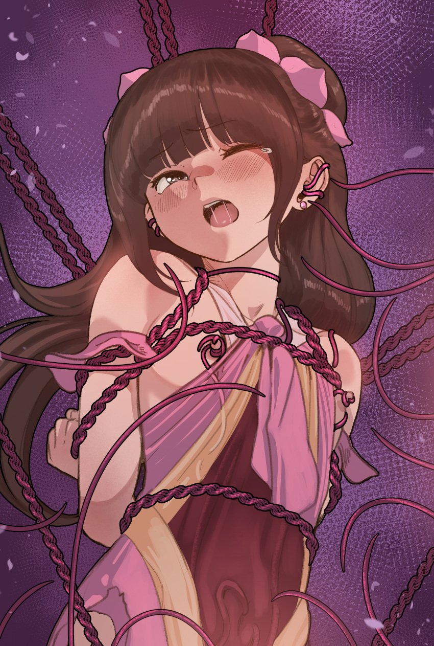 1boy absurdres arms_behind_back bare_arms bare_shoulders bondage bound bound_arms brown_hair chi_lian_(yewang19) chinese_clothes dudou earrings highres jewelry long_hair male nipples one_eye_closed open_mouth original otoko_no_ko red_rope restrained rope shibari_over_clothes tears yewang19