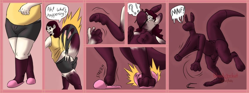 6_panel_comic after_transformation animate_inanimate anthro ass bloodyjacket bottomwear brown_hair bulge clothing comic confusion dialogue digitigrade english_text erection erection_under_clothing exclamation_point eyeless eyewear featureless_chest featureless_face female footwear front_view ftm_transformation fused_fingers fused_toes gender_transformation glasses growth hair hand_shot hi_res human human_to_anthro kangaroo living_clothing looking_back macropod male mammal marsupial mouthless nylon nylon_clothing pink_background question_mark rear_view shirt shoes shorts simple_background slippers socks solo species_transformation speech_bubble stretchy tail tail_burst tail_growth tank_top tenting text topwear torn_bottomwear torn_clothing torn_shorts transformation transformation_sequence wearing_glasses