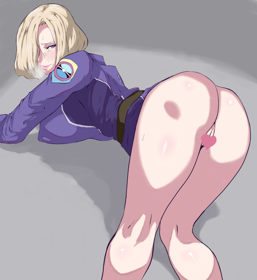 ass bent_over blonde_hair bottomless breasts breath censored erect_nipples female ginga_kikoutai_majestic_prince hair_over_one_eye heart heart_censor huge_breasts looking_back majestic_prince nipples purple_eyes pussy short_hair solo suzukaze_rin sweat uniform uya_(yurukah)