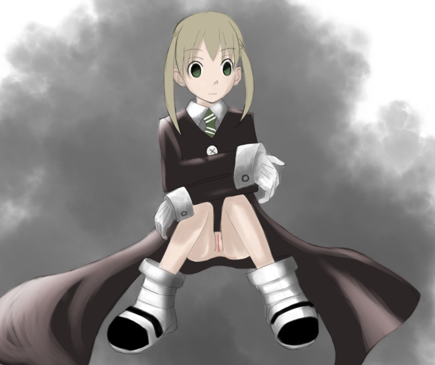 arms_on_knees boots bottomless cloak clothing collared_shirt edit empty_eyes green_eyes hairless_pussy maka_albarn no_panties nonsexual_nudity pale-skinned_female pale_skin raised_eyebrows sitting solo solo_female solo_focus soul_eater spread_legs tagme