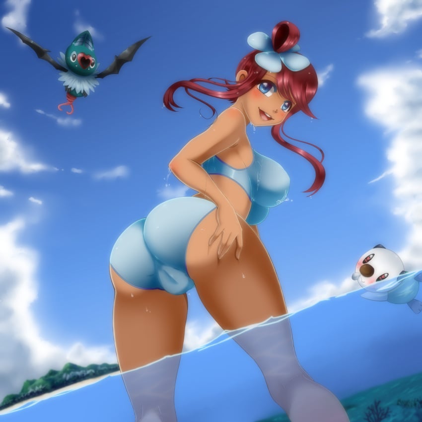 0chidori0 beach bikini cameltoe oshawott pokemon pokemon_(species) presenting skyla_(pokemon) swoobat