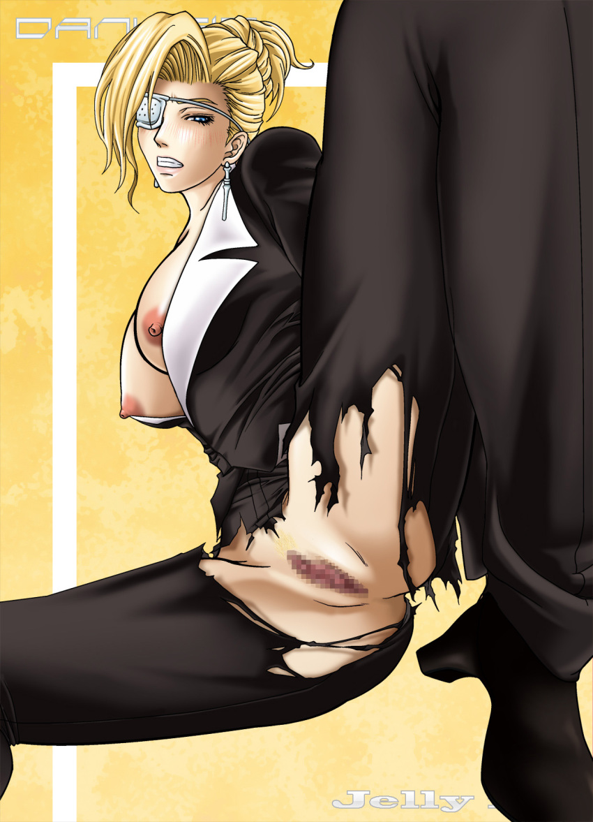 1girls blonde_hair blue_eyes blush boobs eyepatch female_only jelly_fish king_of_fighters looking_at_viewer mature_(kof) pussy solo spread_legs tagme teeth_clenched torn_clothes