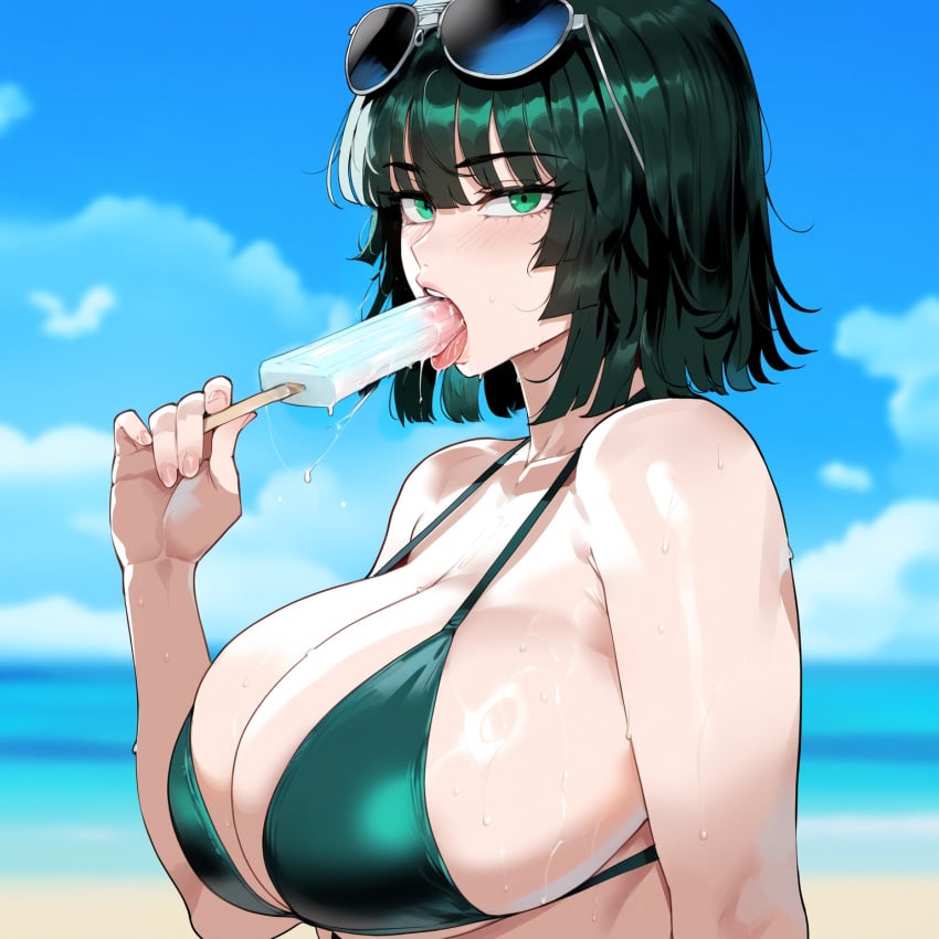 ai_generated beach bikini black_hair breasts_bigger_than_head cleavage creamy_ai curvy fubuki_(one-punch_man) green_bikini green_eyes green_hair holding_popsicle huge_breasts one-punch_man popsicle popsicle_in_mouth sunglasses sunglasses_on_head thiccwithaq_(ai_style) tongue_out upper_body wet