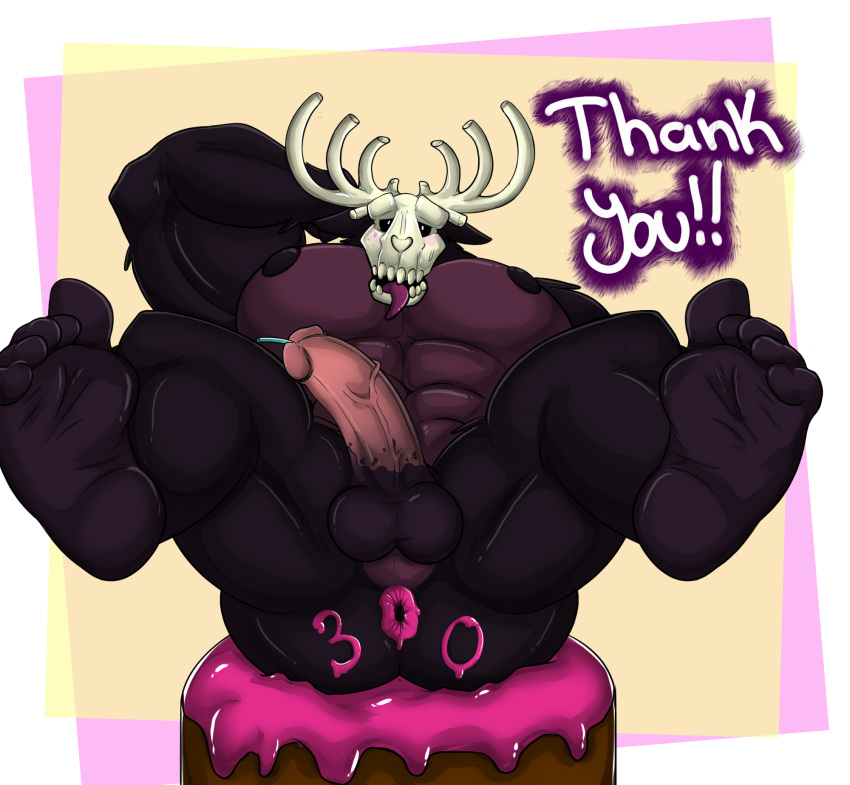 american_mythology anthro antlers anus anus_outline aroused ass athan_the_monster balls biceps big_muscles black_body black_fur bob_(athan_the_monster) bobthewendigo bone cake candle_in_penis dessert ears_down fangs feet flexing flexing_bicep food food_fetish foot_fetish foot_focus frosting frosting_on_butt fur genitals hi_res horn huge_muscles indigenous_north_american_mythology male monster muscular muscular_anthro muscular_legs muscular_male mythology nipples north_american_mythology pecs penis pivoted_ears purple_body purple_fur skull skull_head solo spread_anus spreading teeth tongue tongue_out vein veiny_penis wendigo