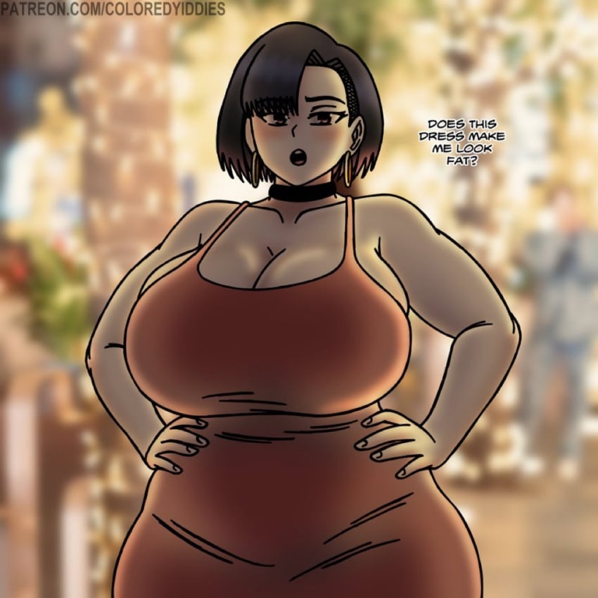 background bbw big_breasts chubby chubby_female coloredyiddies fat_breasts fat_thighs female_focus hoop_earrings lei_(coloredyiddies) orange_dress thick_thighs