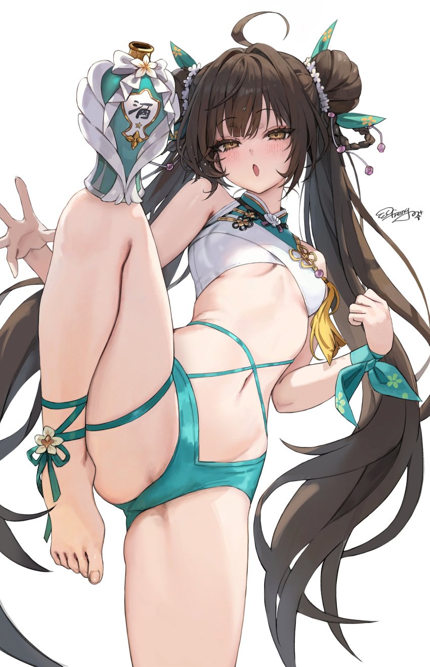 :o beer black_hair double_bun eternal_return:_black_survival feet gluteal_fold leg_up li_dailin_(black_survival) long_hair medium_breasts navel petite revealing_clothes signature small_breasts toes underboob