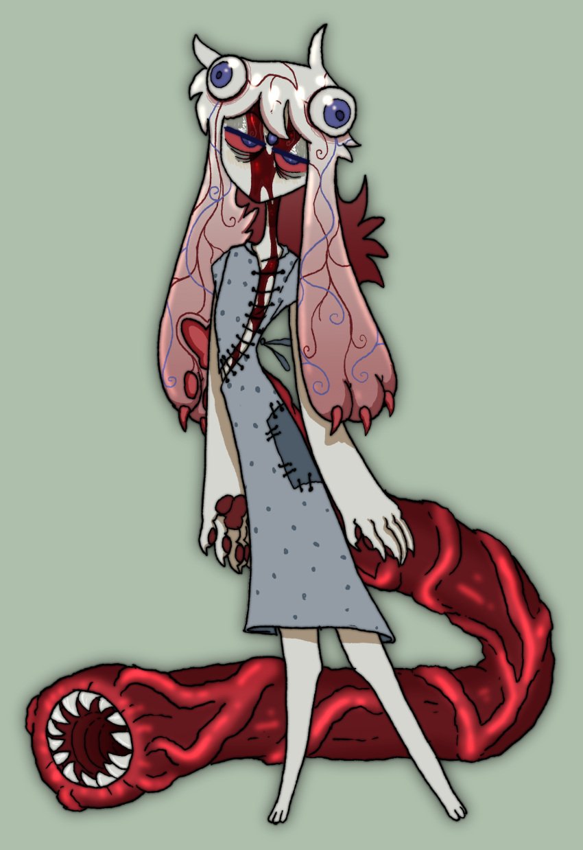 5_(plentyofsoup) 5_eyes ambiguous_gender anthro big_tail blood blue_eyes bodily_fluids body_horror claws flesh_creature fur grey_body grey_fur hi_res hospital_gown meat_creature monster mouthless multi_eye nightmare_fuel pawpads paws plentyofsoup red_eyes red_pawpads red_tail solo stitch_(sewing) tail tail_mouth unknown_species unusual_anatomy unusual_hair unusual_tail vein veiny_tail