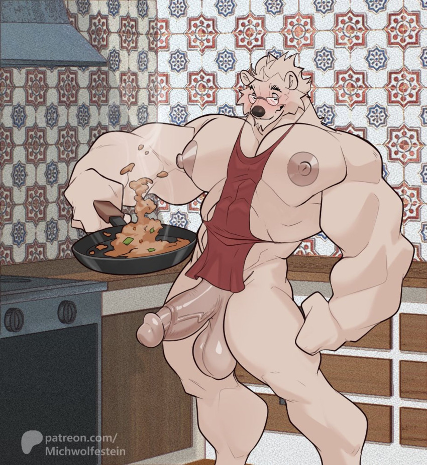 2024 abs anthro appliance apron apron_only areola balls barazoku bear beard biceps big_areola big_balls big_muscles big_nipples big_pecs big_penis clothing cooking cookware erection eyebrows eyewear facial_hair food frying_pan fur genitals glans glasses hair hi_res huge_balls huge_cock huge_muscles humanoid_genitalia humanoid_penis inside kitchen kitchen_utensils male mammal michwolfestein muscular muscular_anthro muscular_male nicholas_briant nipples nude patreon pecs penis polar_bear saggy_balls smile solo standing steam stove text thick_arms thick_thighs tools tuft url ursine vein