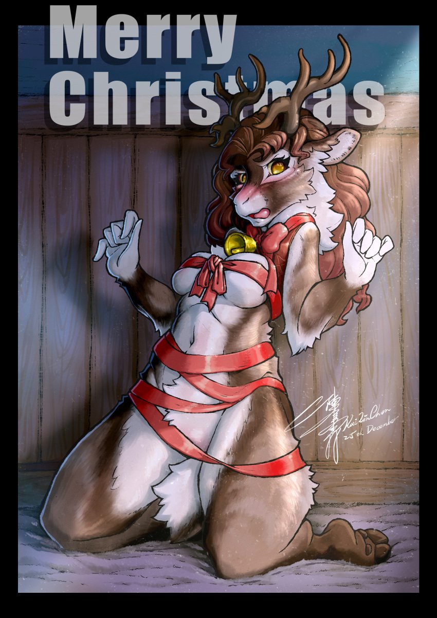 furry furry_breasts furry_ears furry_female reindeer reindeer_antlers ribbon ribbon_bondage