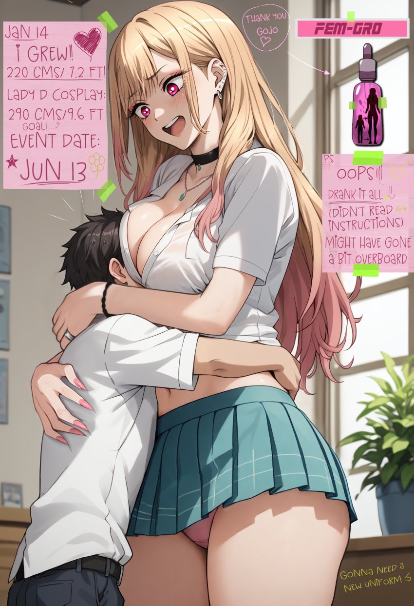 1girls ai_generated blonde_hair cleavage hug kitagawa_marin large_ass large_breasts large_thighs long_hair makeup miniskirt sequence size_difference size_difference	 smothering sono_bisque_doll_wa_koi_wo_suru taller_girl undersized_clothes