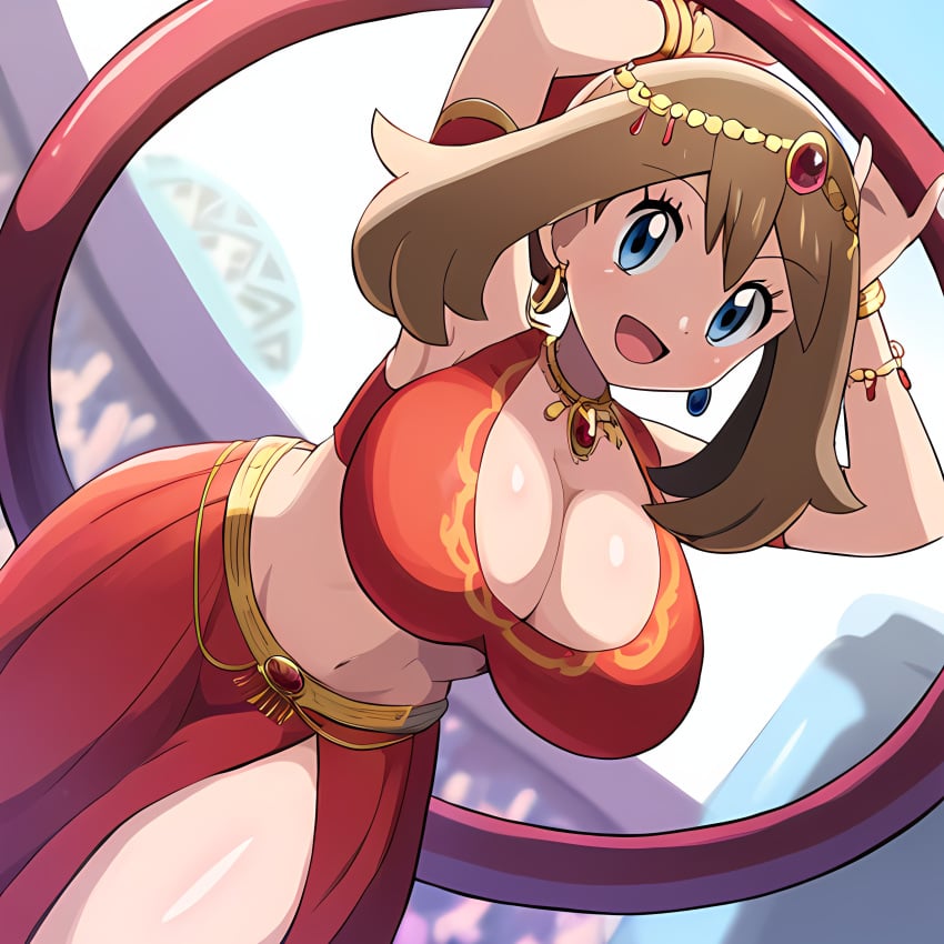 1girls ai_generated alternate_breast_size big_breasts blue_eyes breasts brown_hair cleavage female female_focus female_only game_freak huge_breasts large_breasts light-skinned_female light_skin may_(pokemon) mayday_(artist) nintendo pokemon short_hair solo solo_female solo_focus thick_thighs tight_clothing