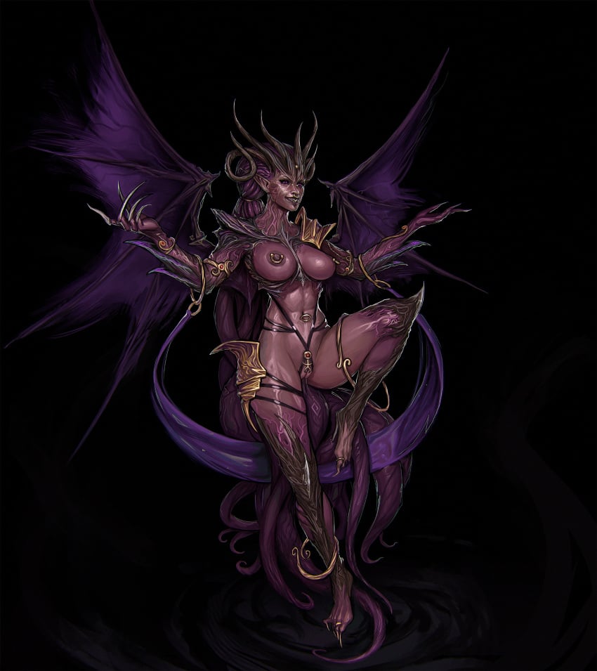 absurdres black_background breasts claws collarbone colored_skin demon_girl demon_horns female full_body grin hands_up highres horns knight_of_cydonia large_breasts navel nipples original pink_eyes purple_wings pussy red_skin shiny_skin shoulder_plates smile solo stomach teeth tentacle_hair torn_wings wings