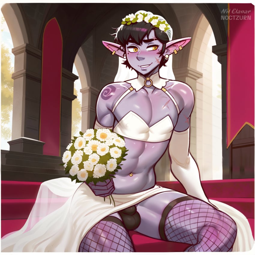 ai_generated anal_sex balls big_penis dark_hair dross_(style) drow elf elf_femboy elf_male fantasy femboy fishnets flower flower_in_hair gay gay_sex girly male nil_elanar(oc) noctzurn piercing pointy_ears purple_skin scar tights wedding_dress