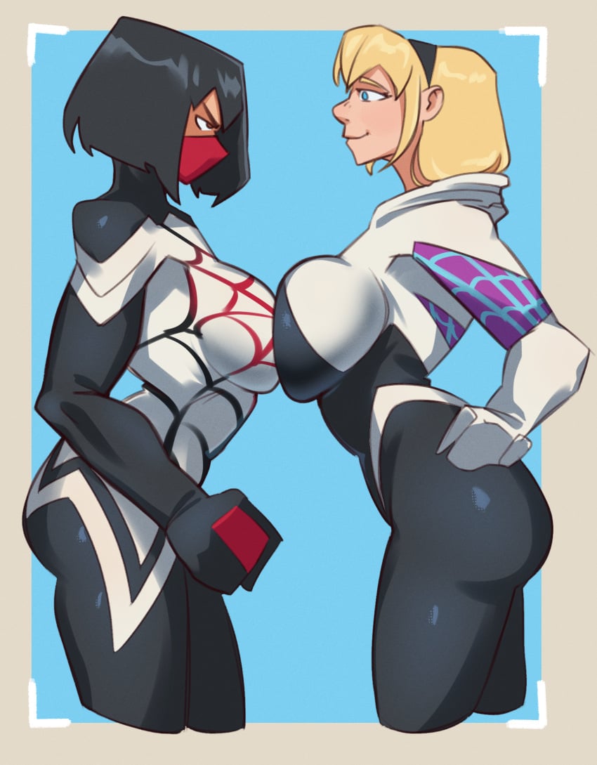 2girls alternate_breast_size ass avengers big_breasts champions cindy_moon female female_only gwen_stacy latex marvel marvel_comics multiple_girls new_avengers ropes silk_(marvel) spider-gwen spider-man spider_web yuri