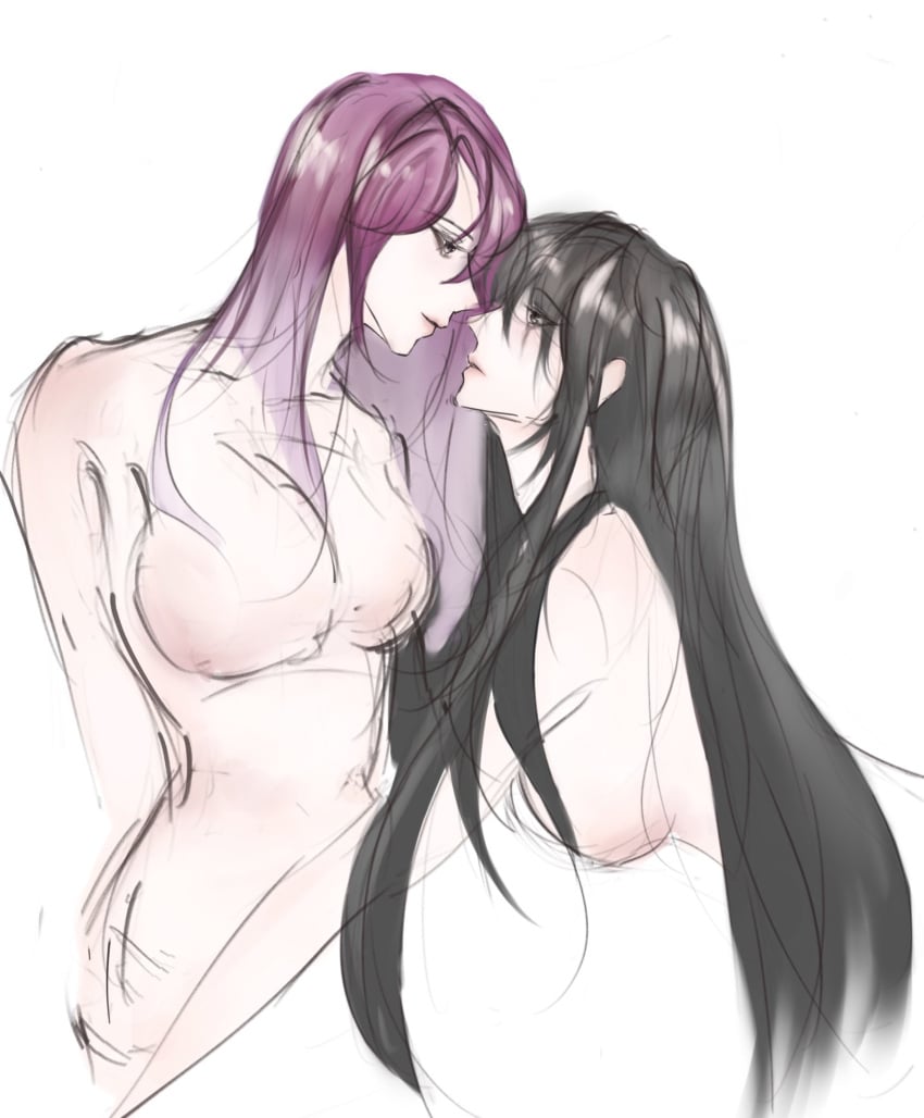 black_hair breasts naked naked_female nanjeans nudity path_to_nowhere rahu_(path_to_nowhere) shalom_(path_to_nowhere) shorter_female smiling taller_female taller_girl yuri