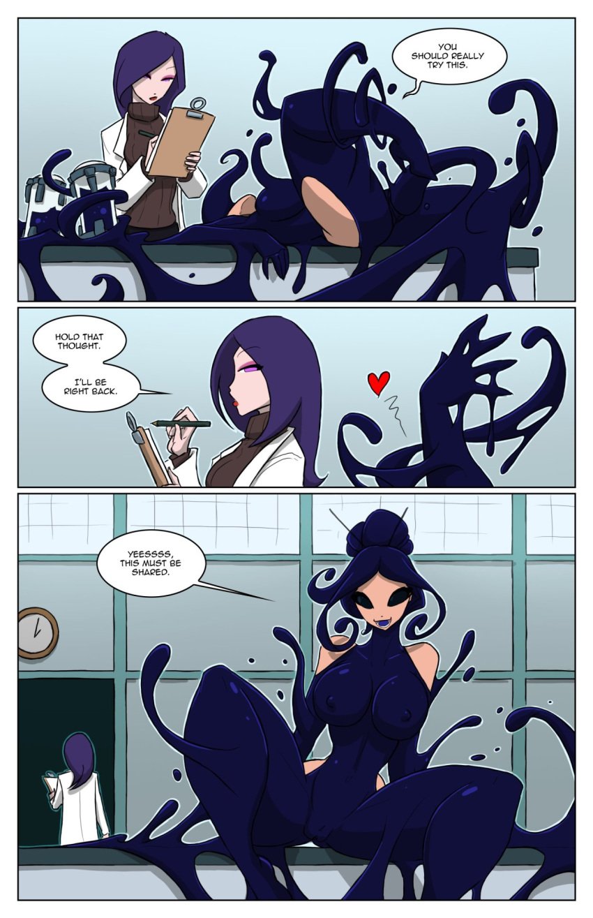 blue_tentacles breast_expansion breasts colored comic corrupted corruption female jolly_jack open_mouth penetration pussy scientist sex smile spread_legs tentacle the_goo_(comic) transformation vaginal_penetration wide_hips yuri