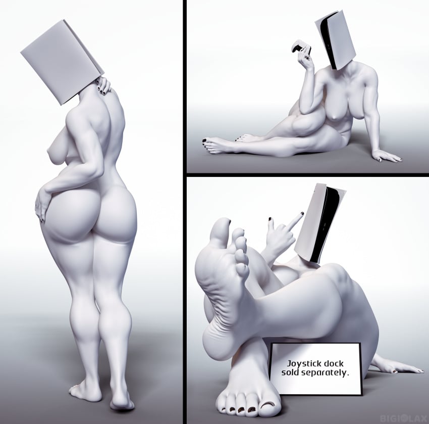 3d 3d_(artwork) barefoot big_ass big_butt bigiolax black_nails black_toenails covered_pussy foot_fetish foot_focus from_behind middle_finger naked naked_female object_head ps5 ps5_console ps5_controller teasing white_body white_skin wrinkled_feet wrinkled_soles