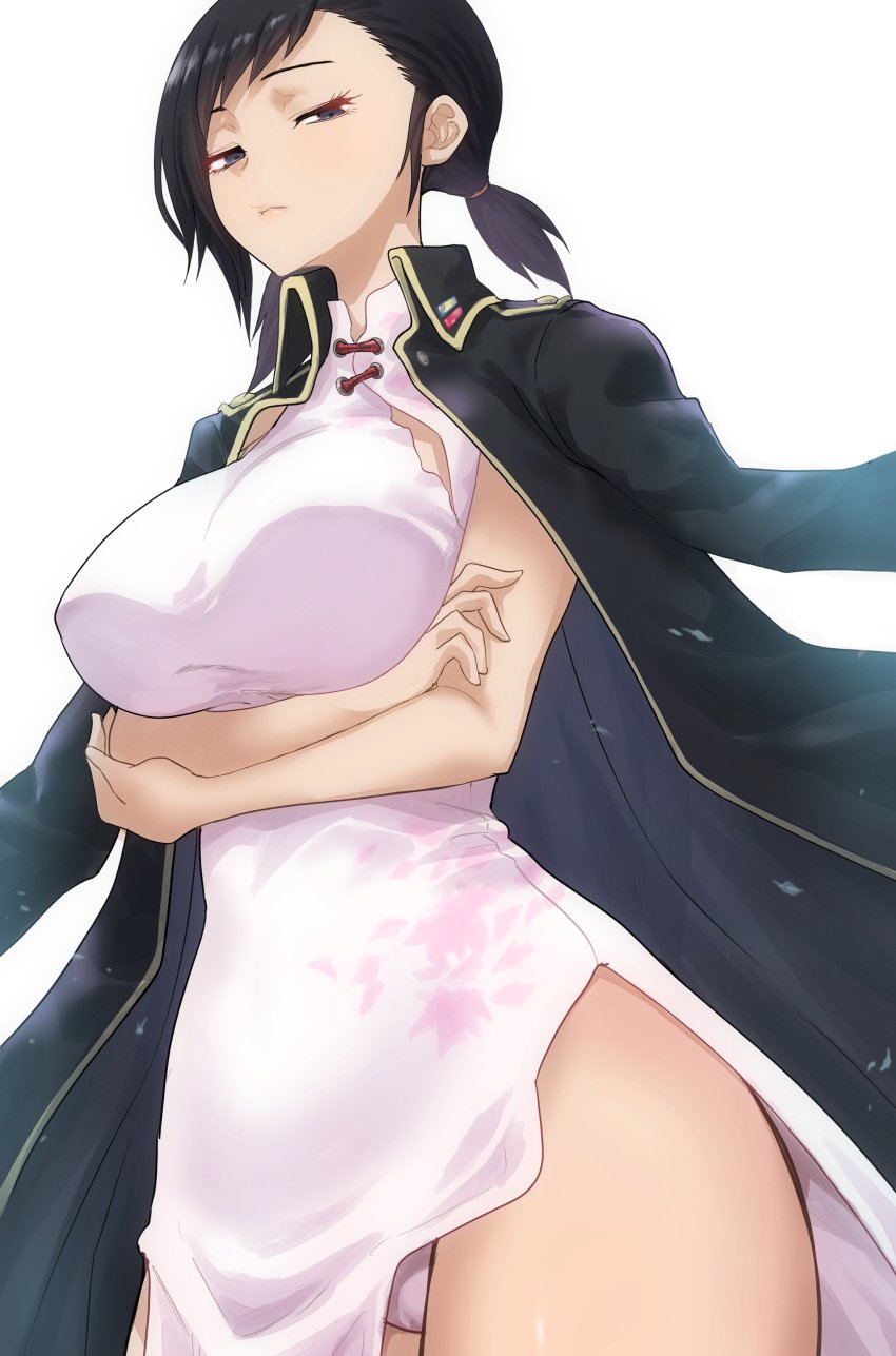 1girls arms_under_breasts black_hair black_jacket breasts chinese_dress crossed_arms devil_survivor_2 grey_eyes highres kanno_fumi kurosususu large_breasts looking_at_viewer low_twintails panties short_hair white_background