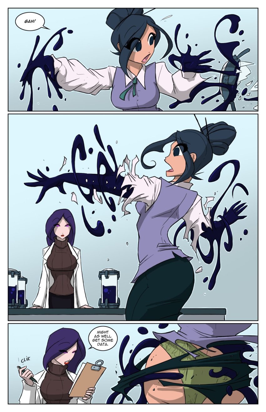 ass black_hair black_skirt clothing colored comic corruption female goo_transformation green_panties jolly_jack legs_together marvel marvel_comics open_mouth panties scientist short_hair skirt symbiote the_goo_(comic) transformation wide_eyed yuri